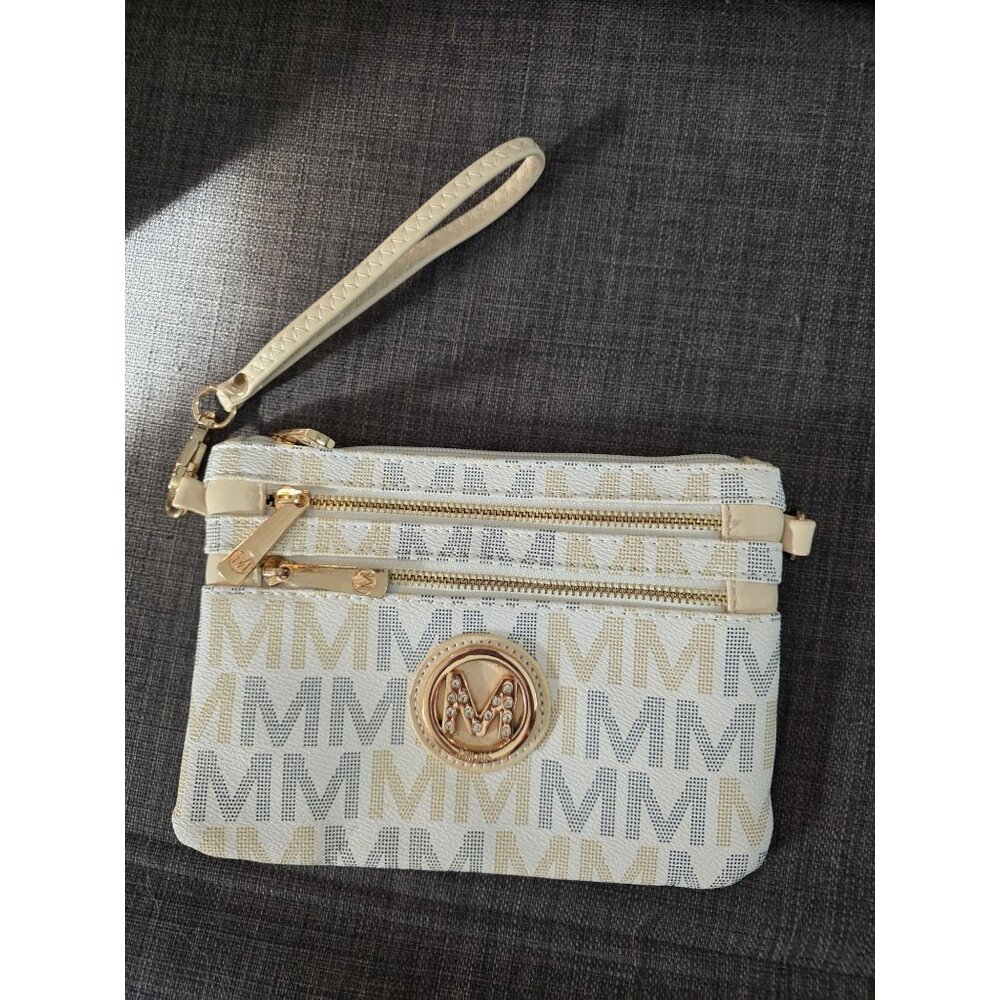 Milan Monogram Wristlet Clutch With Gold-Tone Hardware & M Logo Cream/Gold
